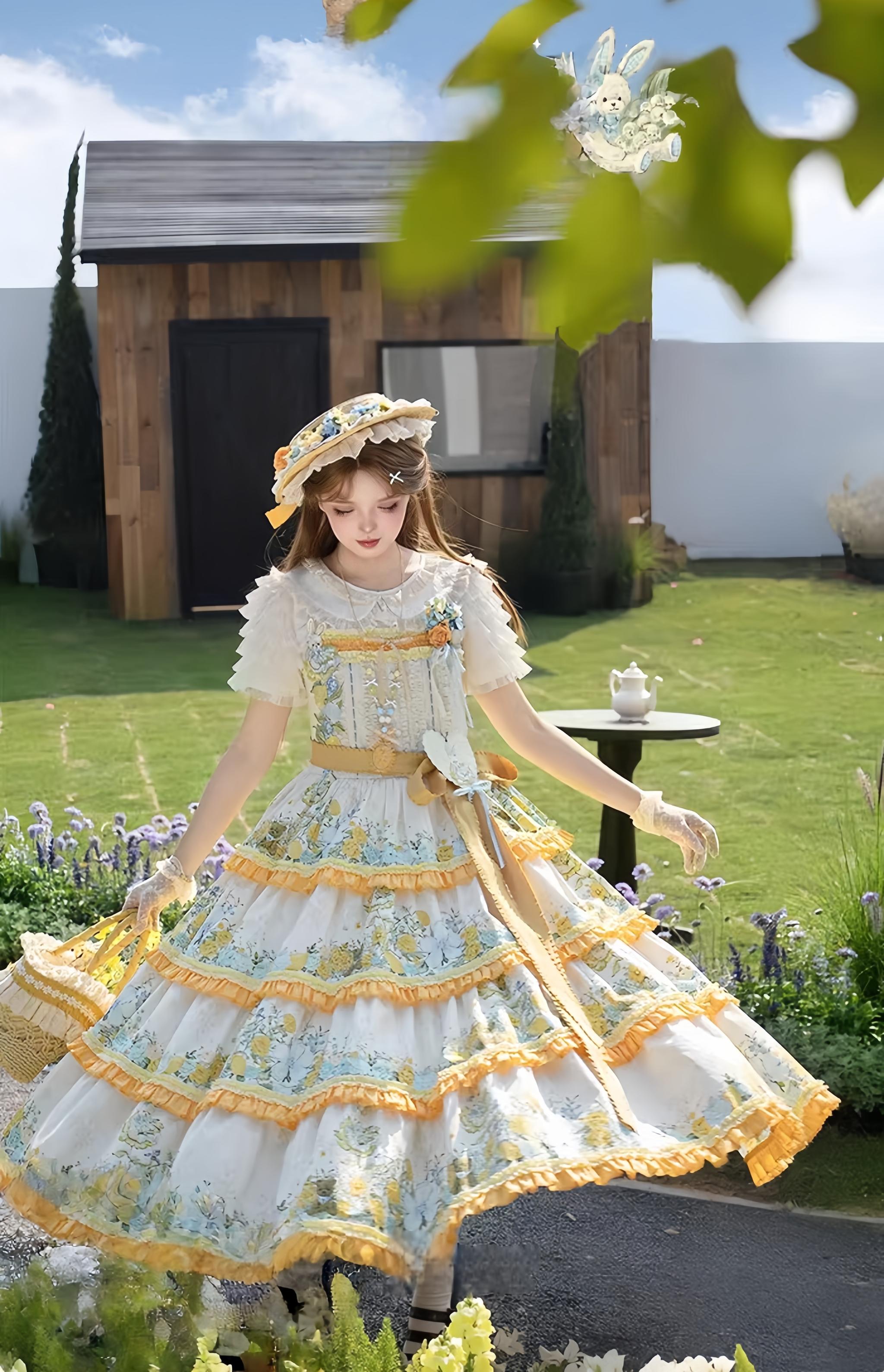 Flower Rabbit Bear - Country Lolita Tiered Skirt Dress, Floral & Bear Print and Accessories - image 4