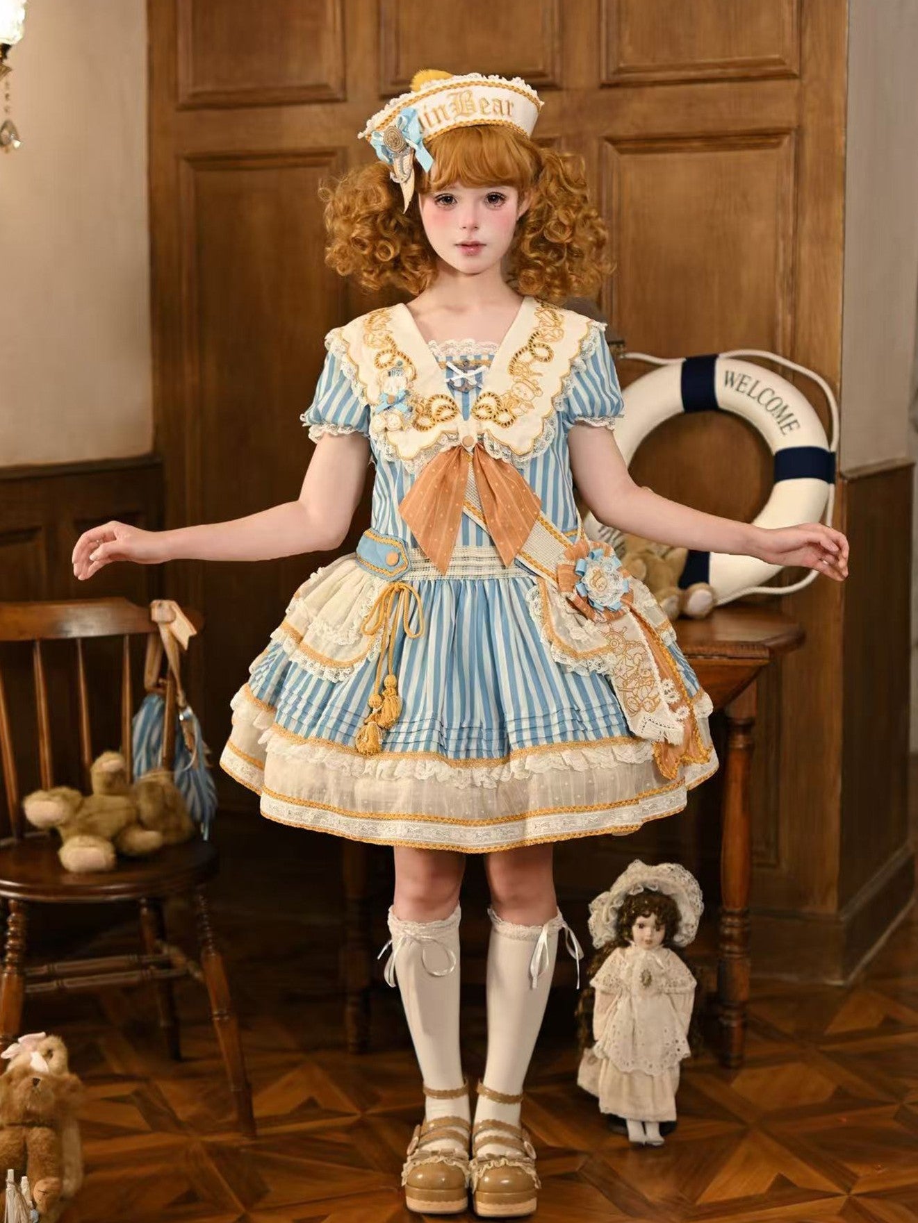 Antique Sailor Bear Blue Stripe Low Waist Lolita OP Dress - image 5