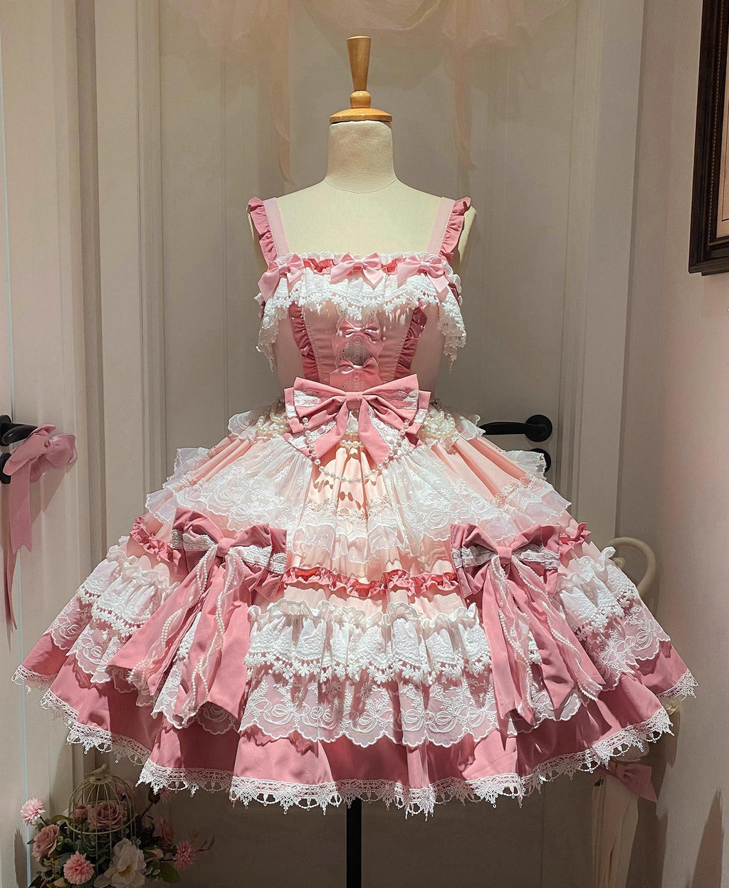 Girl's Secret - Pink Sweet Lolita JSK Dress with Lace and Bow Trailing - image 1