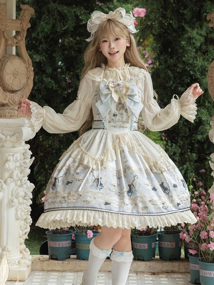 Azure Rabbit-Print Bow JSK with Lace Blouse - image 6