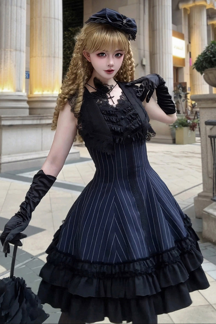 Escape - Double-Layered Jacquard Striped Printed Ruffled Slim Gothic Lolita JSK Dress 3 Colors - image 6