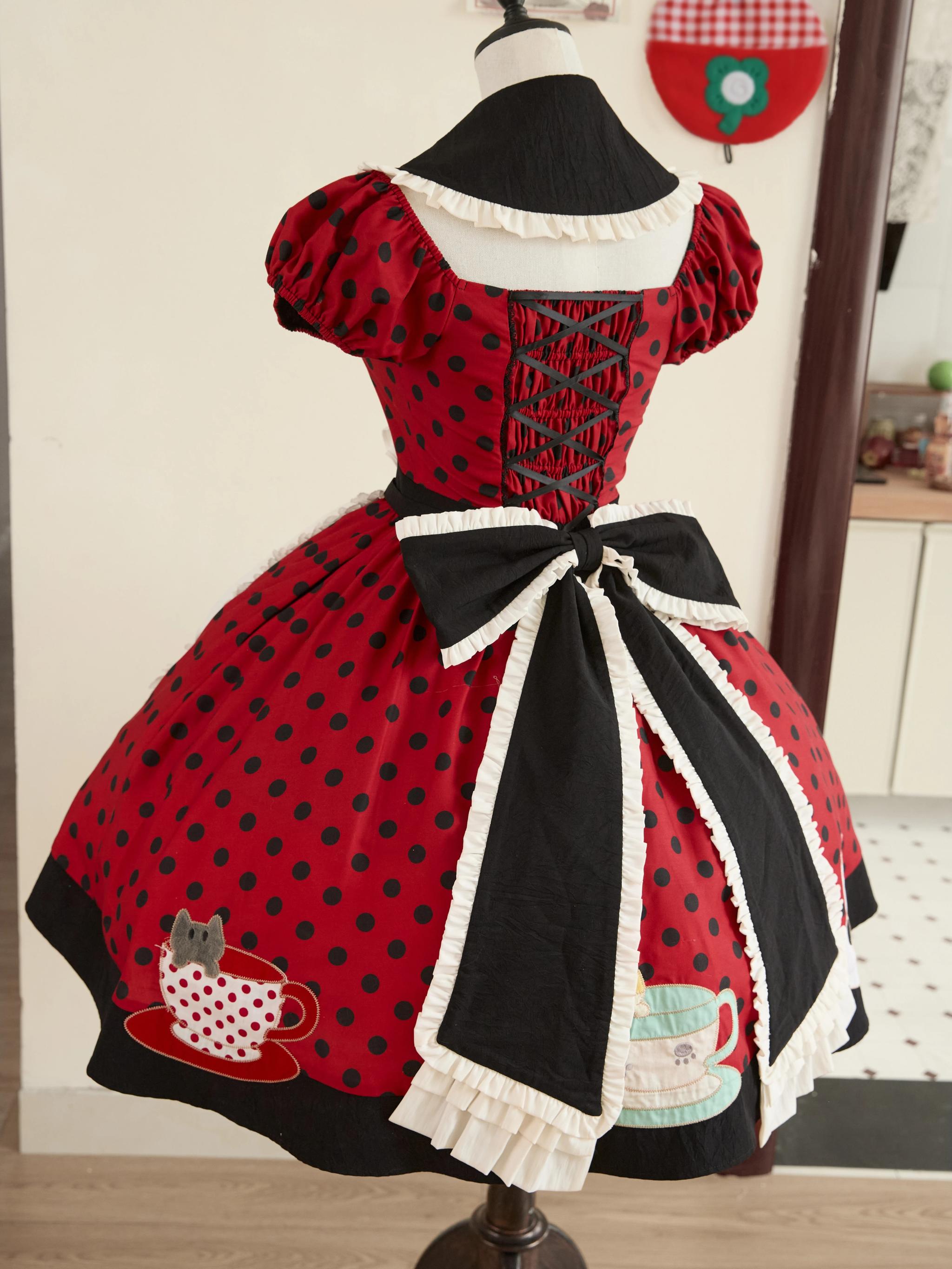 Teacup Meow - Old School Lolita Polka Dot OP Dress, Cat and Teacup Patch - image 2