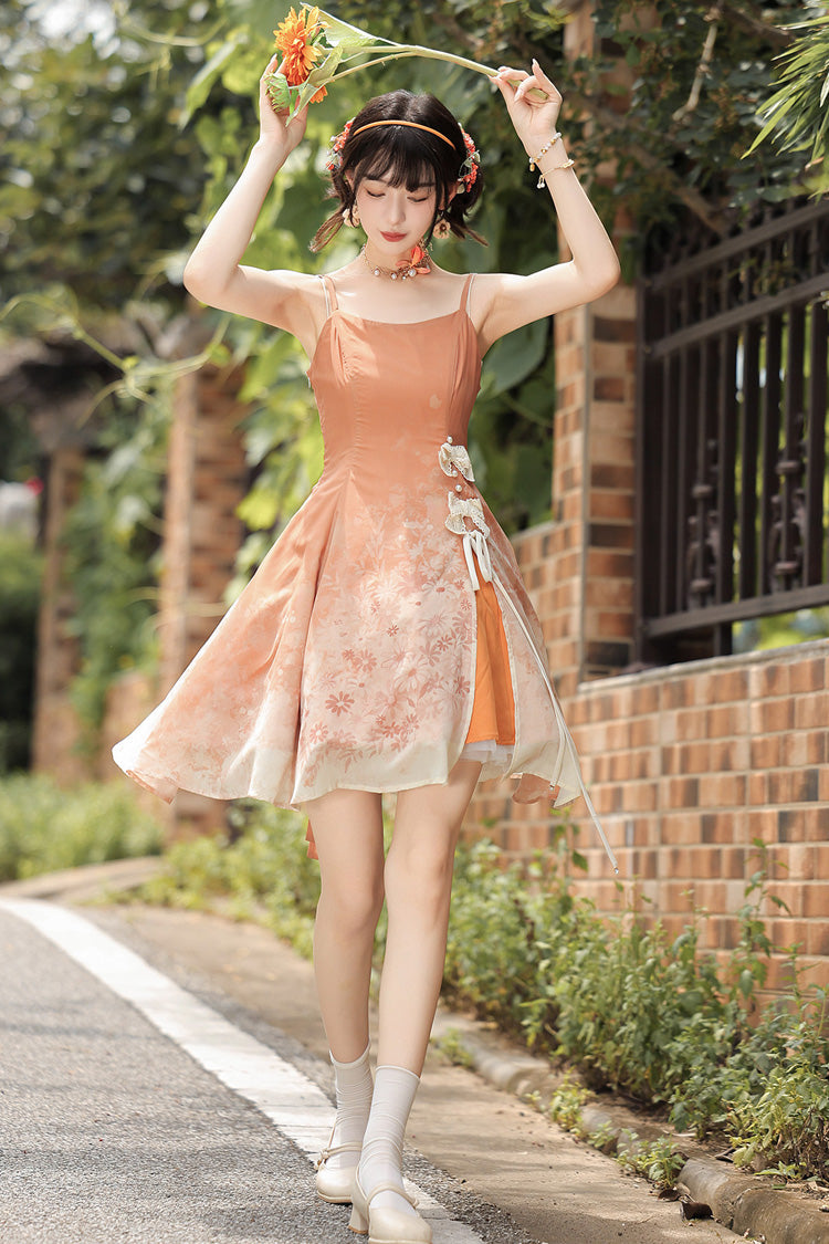 Orange Chrysanthemum Print Chinese-Inspired Lolita JSK Dress Set - image 6