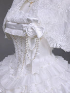 White Hime Lolita Elegant JSK Dress Cape Brooch and High-Low Overlay Set - image 7
