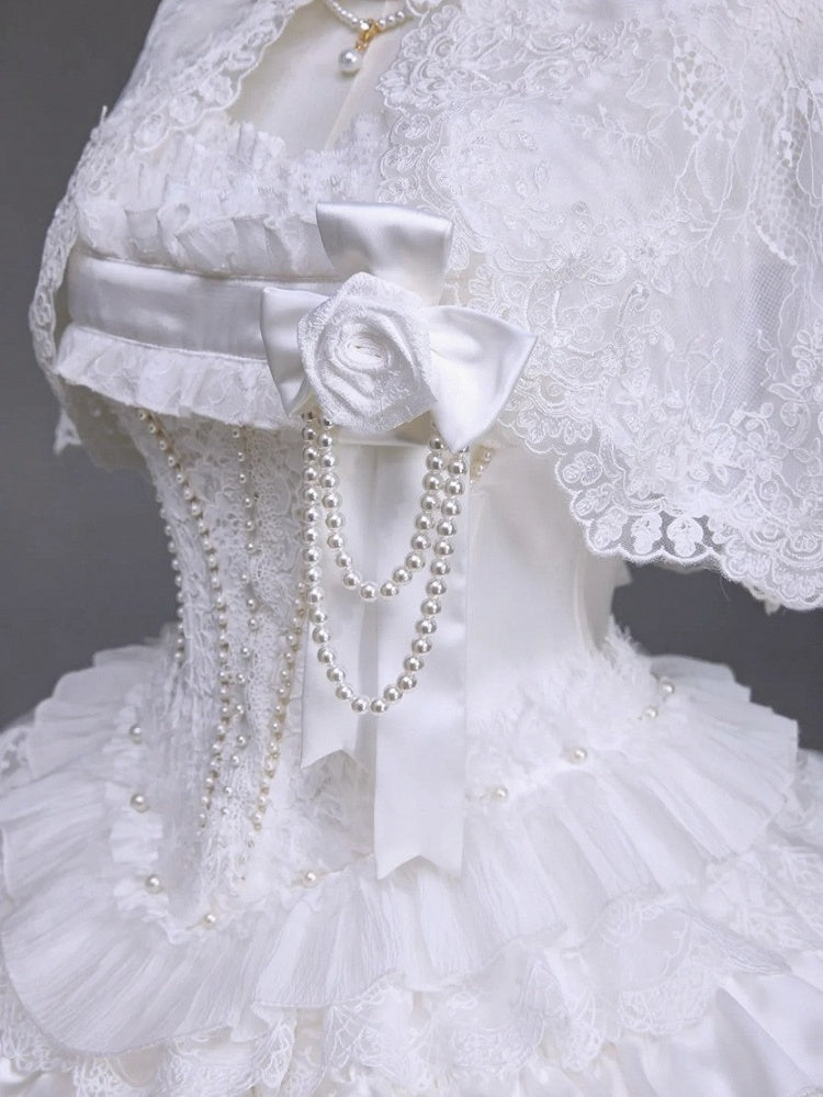 White Hime Lolita Elegant JSK Dress Cape Brooch and High-Low Overlay Set - image 7