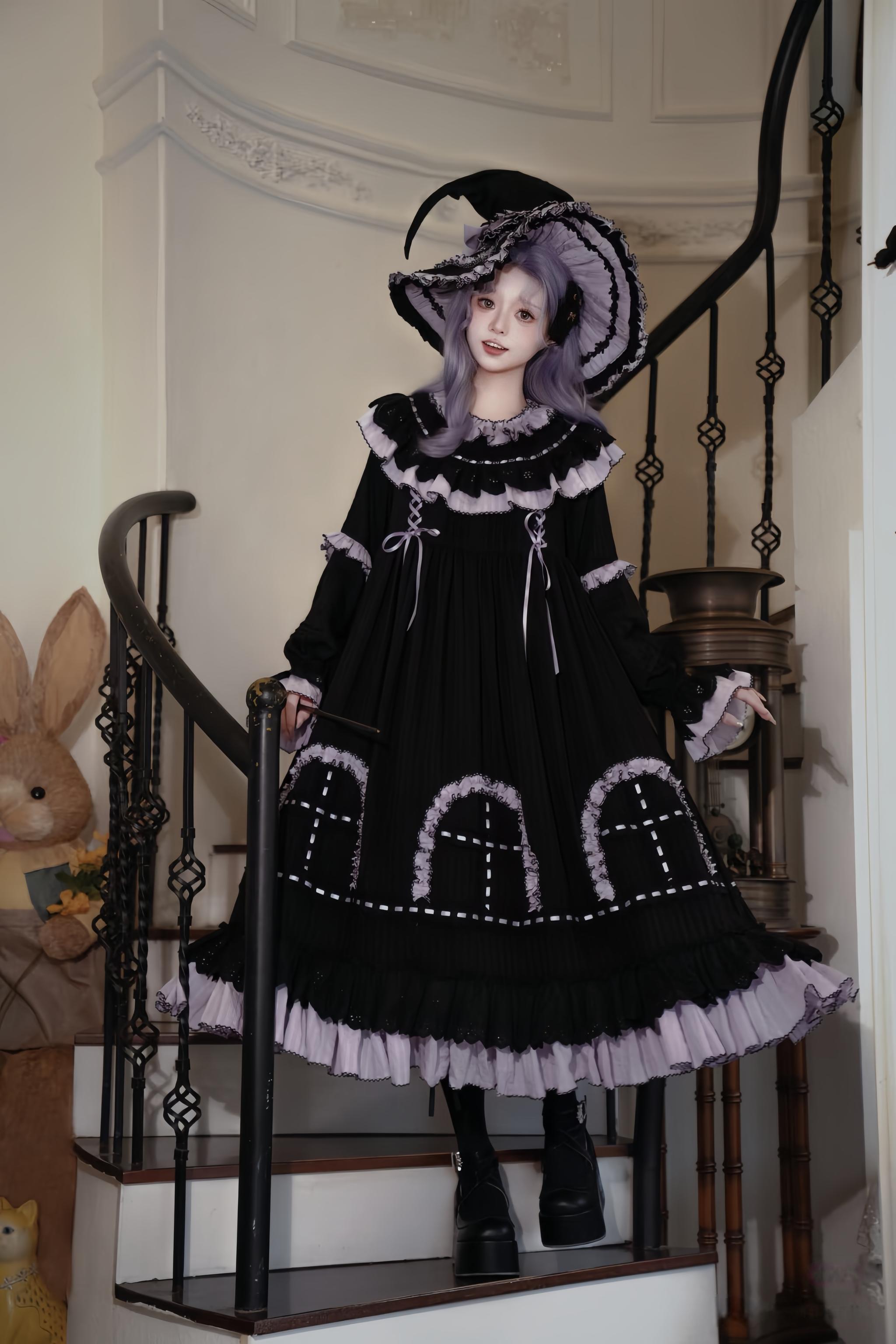 Witch Lilith - Ruffled Collar Gothic Lolita OP, Witch Hat - image 1