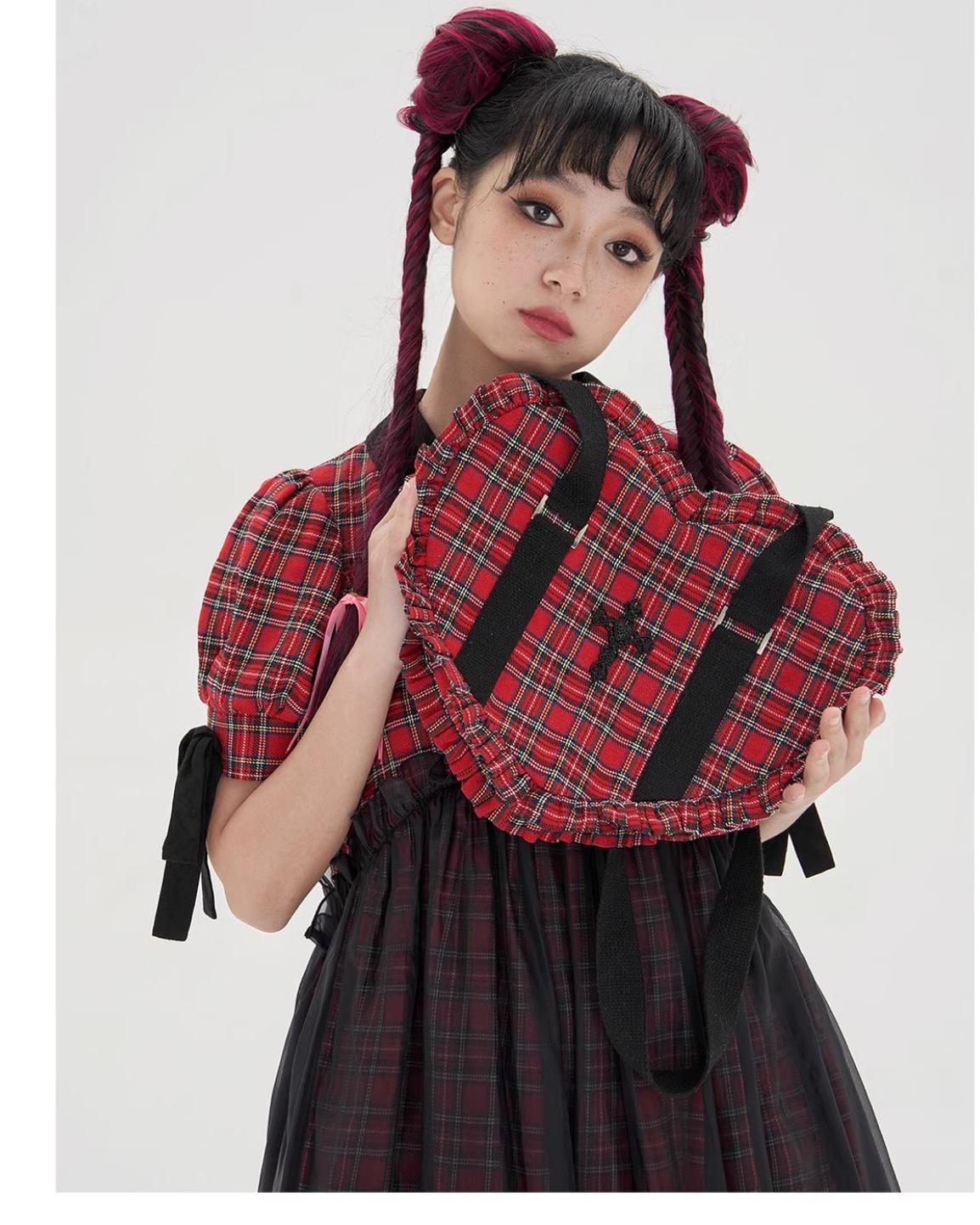 Vintage Lolita Heart Shaped Plaid Dot Print JK Uniform Bag - image 18
