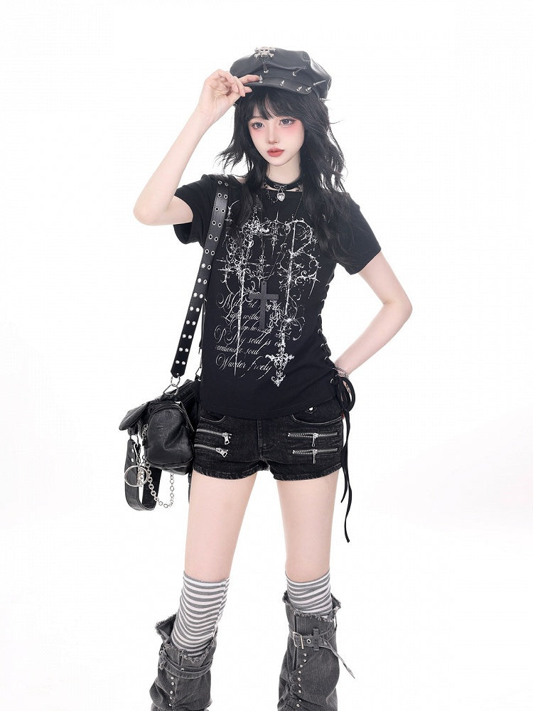 Black Tee with Side Drawstring and Dark Print - KNOW8 Online Shop - image 3