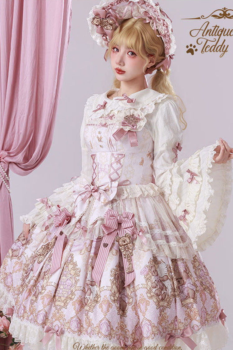 Antique Teddy Bear - Sleeveless Printed Bow Lace Sweet Elegant Lolita JSK Dress - image 11