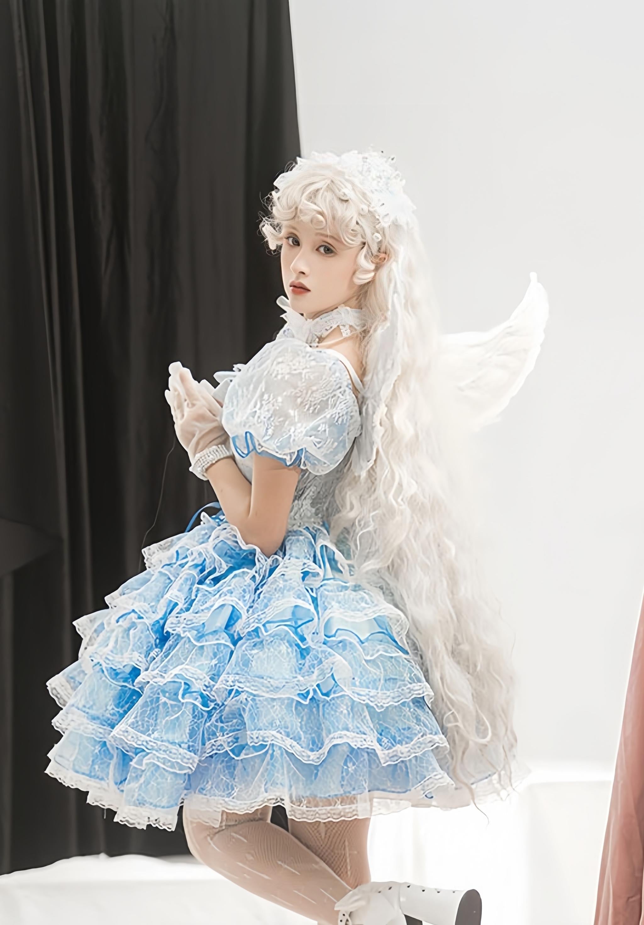 Shisan District - Wedding Lolita OP Suit with Angel Demon Wings - image 8