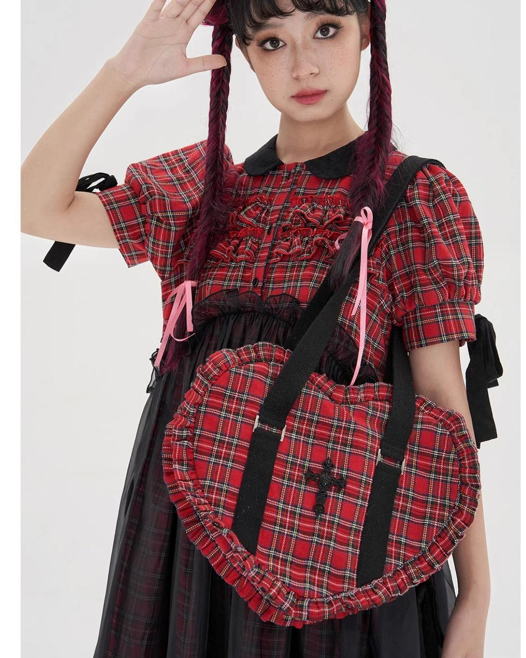 Vintage Lolita Heart Shaped Plaid Dot Print JK Uniform Bag - image 20