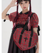 Vintage Lolita Heart Shaped Plaid Dot Print JK Uniform Bag - image 20