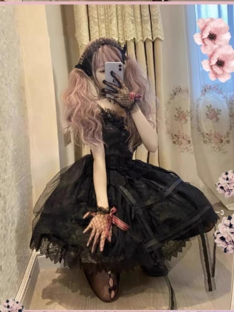 Rose Cage - Gothic Lolita Black Suspender Dress - image 6