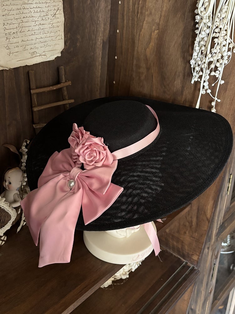 Pink and Black Roses Off-Shoulder Lolita Boned Dress, Choker and Hat Set - image 5