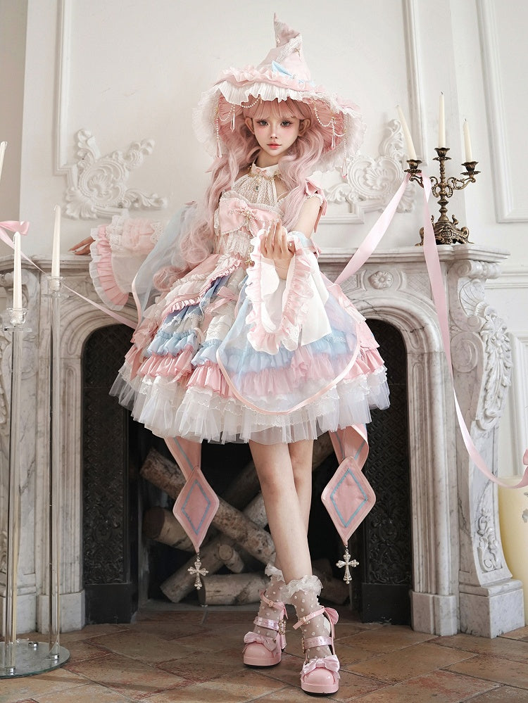 Pink and Blue High Waist Sweet Witchy Dress Lolita Jumper Skirt Full Set - image 13