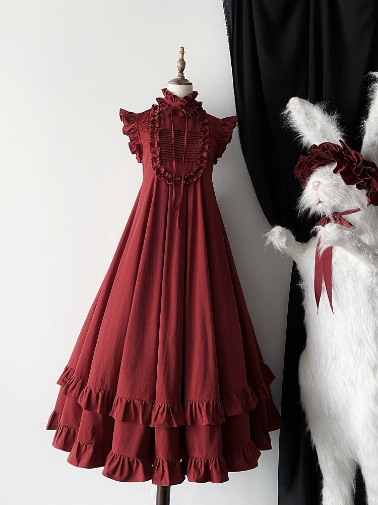 Red Gothic High-Neck Ruffled Lolita Dress with Detachable Sleeves - image 4