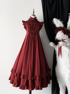 Red Gothic High-Neck Ruffled Lolita Dress with Detachable Sleeves - image 4