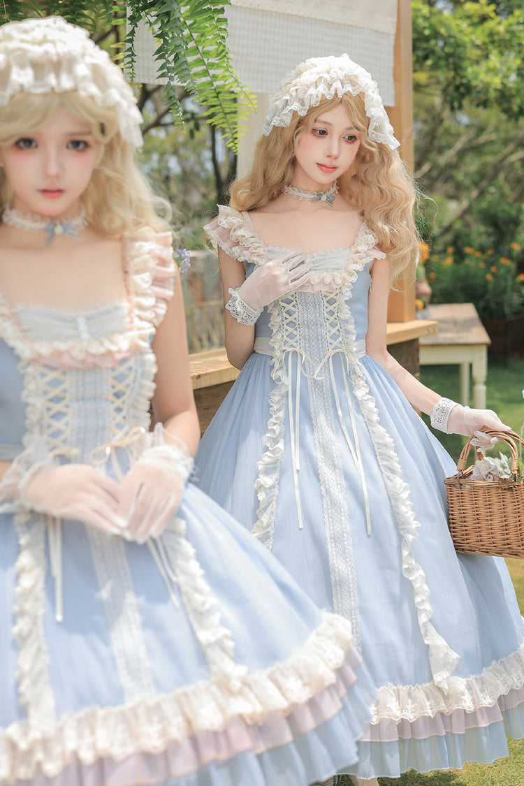 Island Diary - Square Collar Flutter Sleeves Triple-Layered Ruffled Lace-Up Sweet Lolita JSK Dress 2 Versions - image 8
