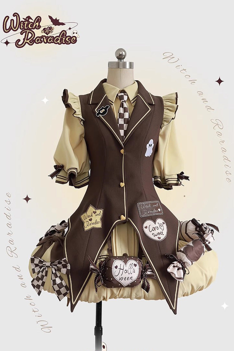 Witch and Paradise - Short Sleeves Ruffle Bowknot Sweet Japanese Halloween Lolita Dress Vest Set - image 5