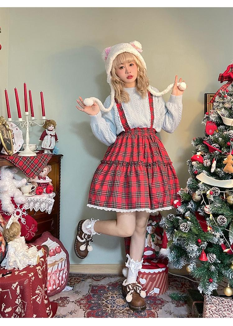 Christmas Vintage Lolita Skirts Doll Collar Blouse Plaid Skirt Set - image 1