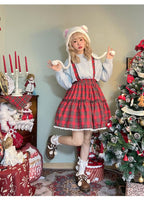 Christmas Vintage Lolita Skirts Doll Collar Blouse Plaid Skirt Set - image 1