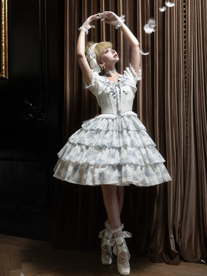 Blue and White Floral Print Lolita JSK with Bow Details - image 5