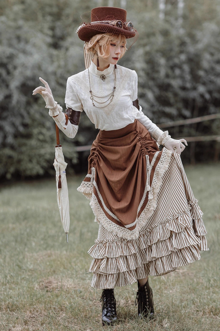 Victorian Stripes - Classic Lolita Tiered Skirt in White and Brown - image 6