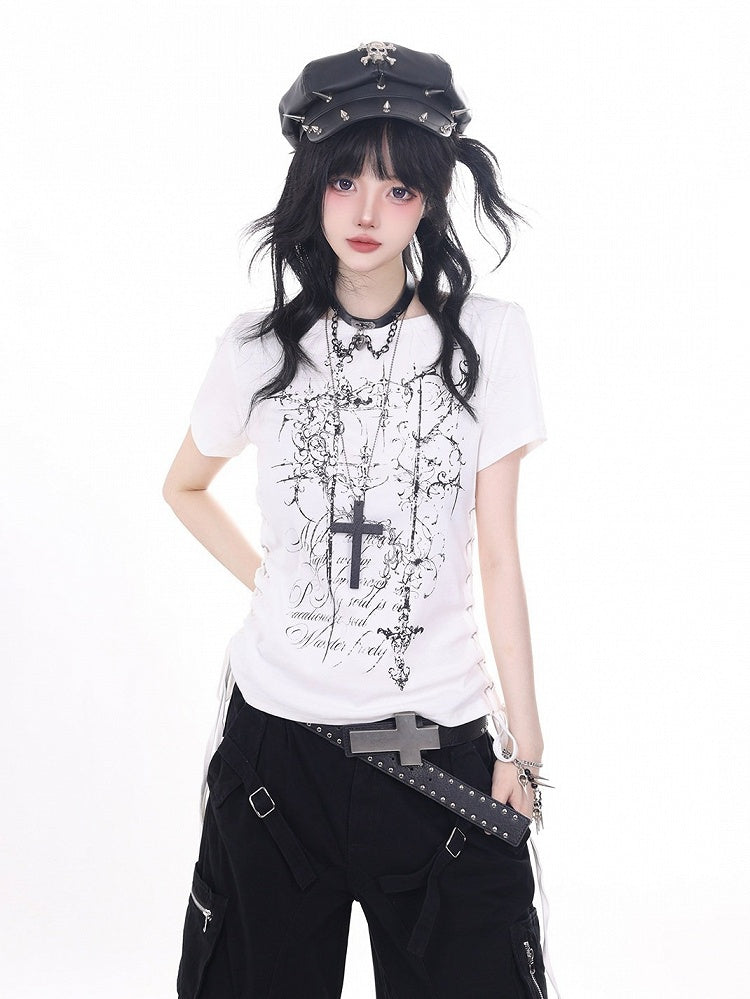 White Tee with Side Drawstring and Dark Print - KNOW8 Online Shop - image 1