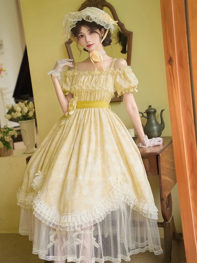Light Yellow High-Waist Scalloped Lolita OP Full Set - image 5
