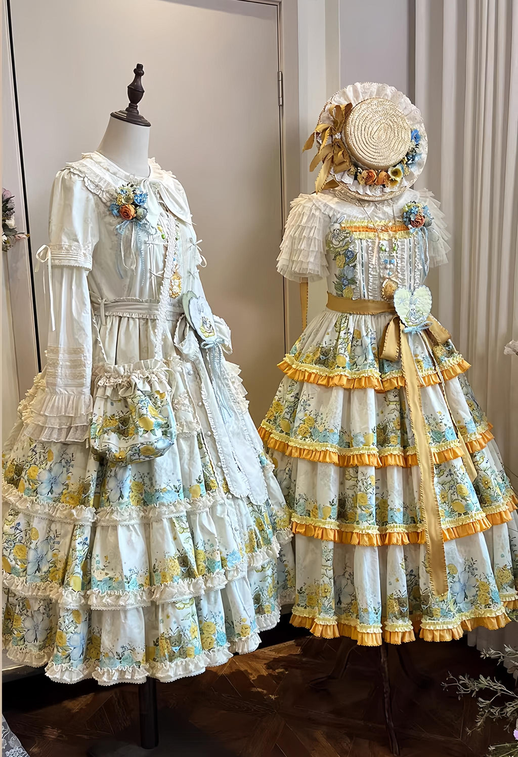 Flower Rabbit Bear - Country Lolita Tiered Skirt Dress, Floral & Bear Print and Accessories - image 3