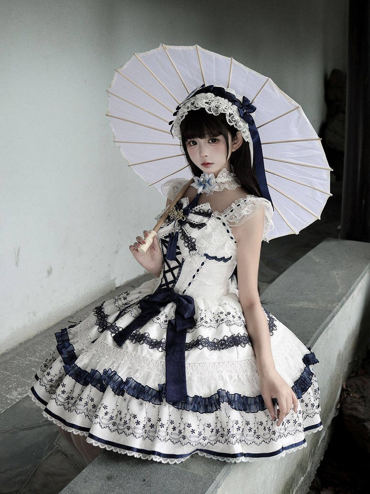 Blue and White Porcelain Corset Waist Lolita JSK Dress with Tassel Bows - image 9