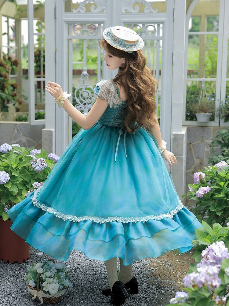 Teal Flutter-Sleeve Lolita JSK with Lace-Up Back and Tiered Skirt - image 6