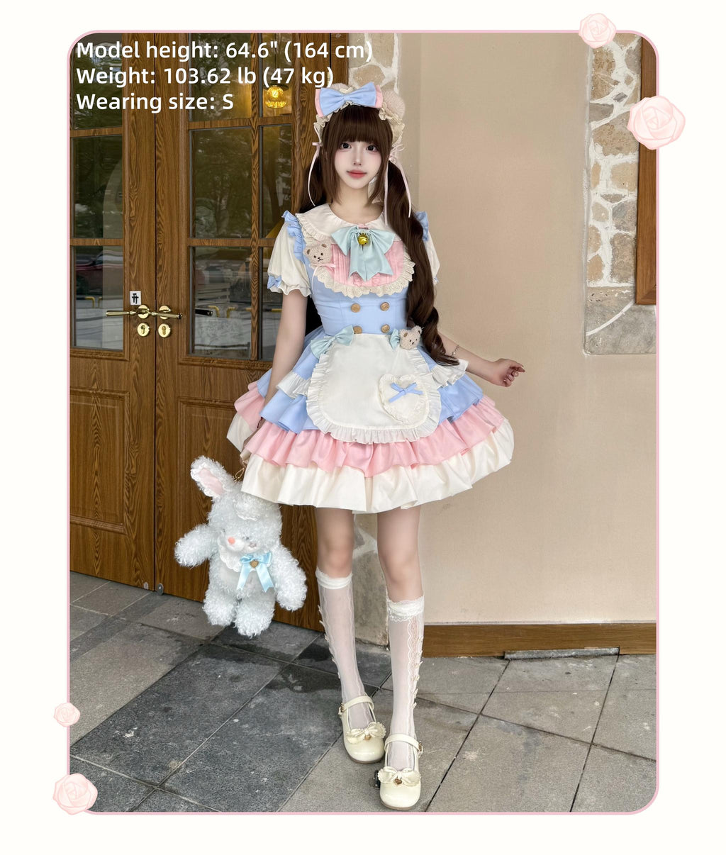 Cream Puff - Sweet Lolita Apron OP Dress, Bunny & Bear Details - image 3