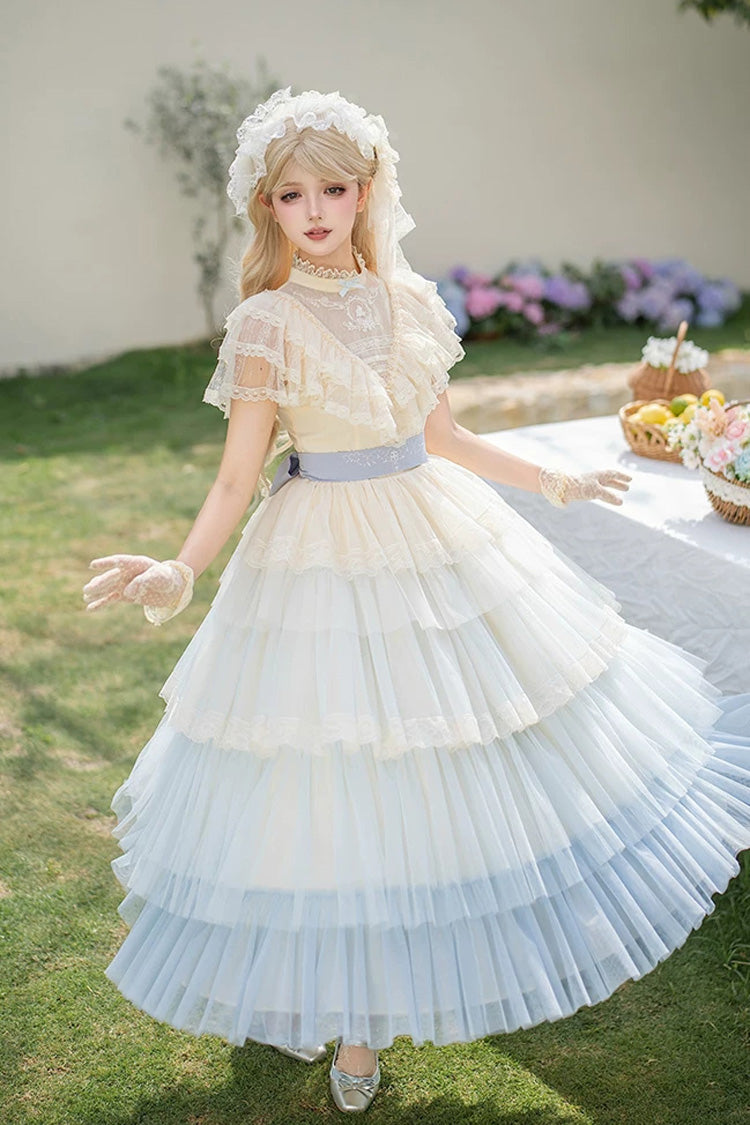 Sincere Vow - Edwardian Collar Short Sleeves Ombre Multi-Layered Ruffled Embroidered Sweet Lolita Dress - image 1