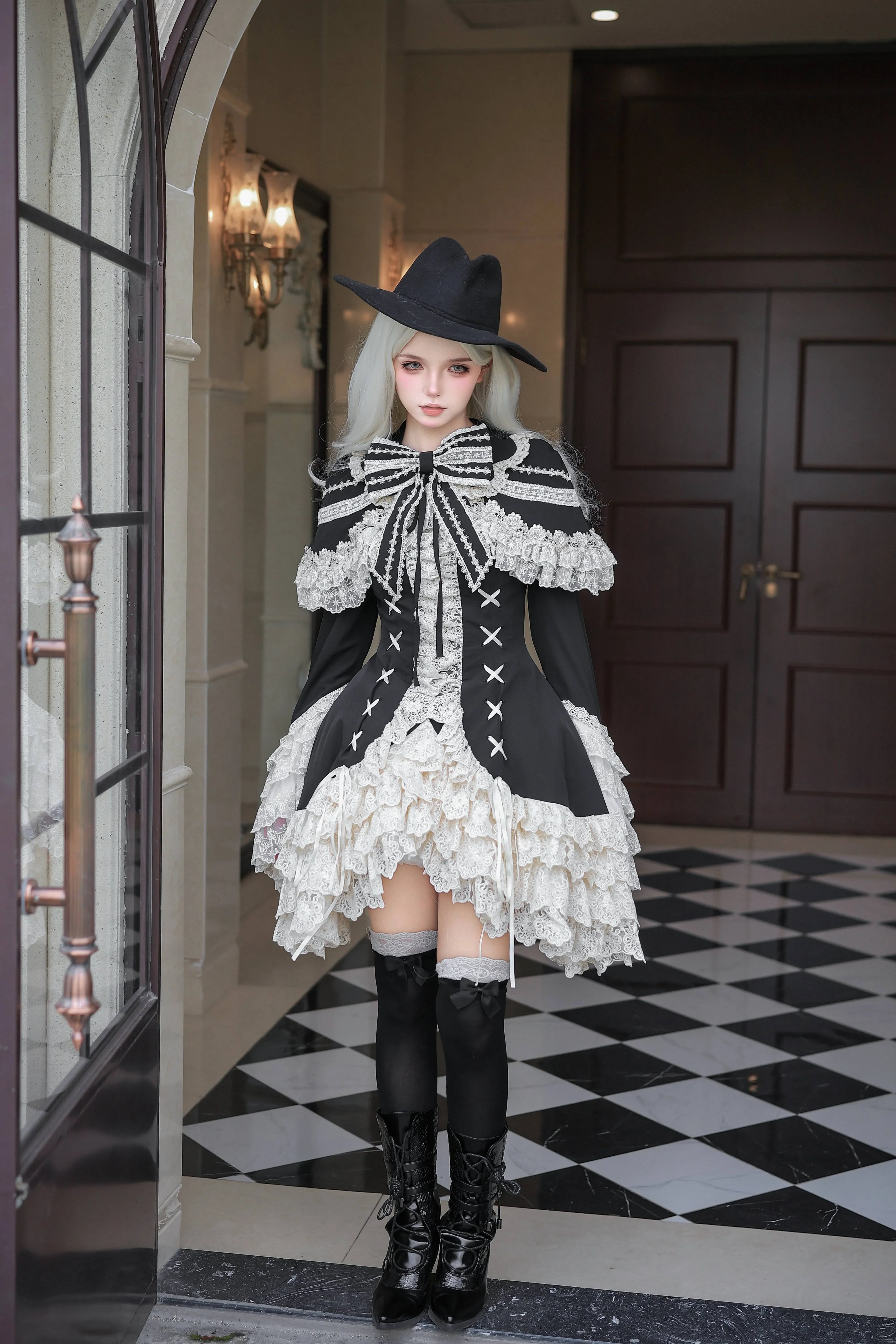 Silver Butterfly Amber - Black Gothic Lolita OP Full Set - image 8