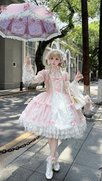 Lacy Doll - Pink Rhinestone Lace Lolita OP Dress and Accessories - image 9
