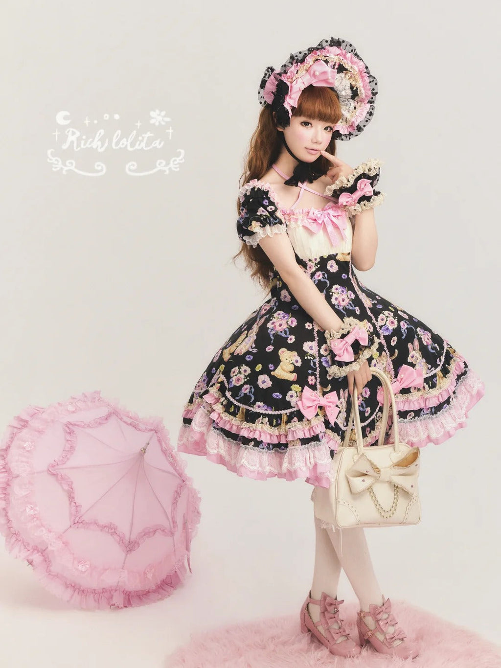 Be My Sweetheart Bear Bunny Floral Print Fitted Sweet Lolita OP Dress - image 6