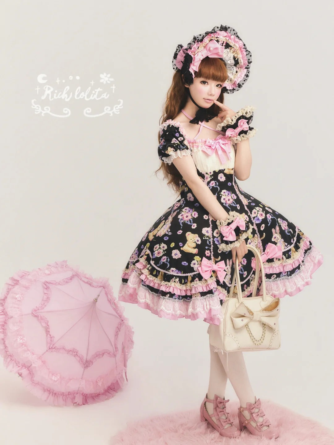 Be My Sweetheart Bear Bunny Floral Print Fitted Sweet Lolita OP Dress - image 6