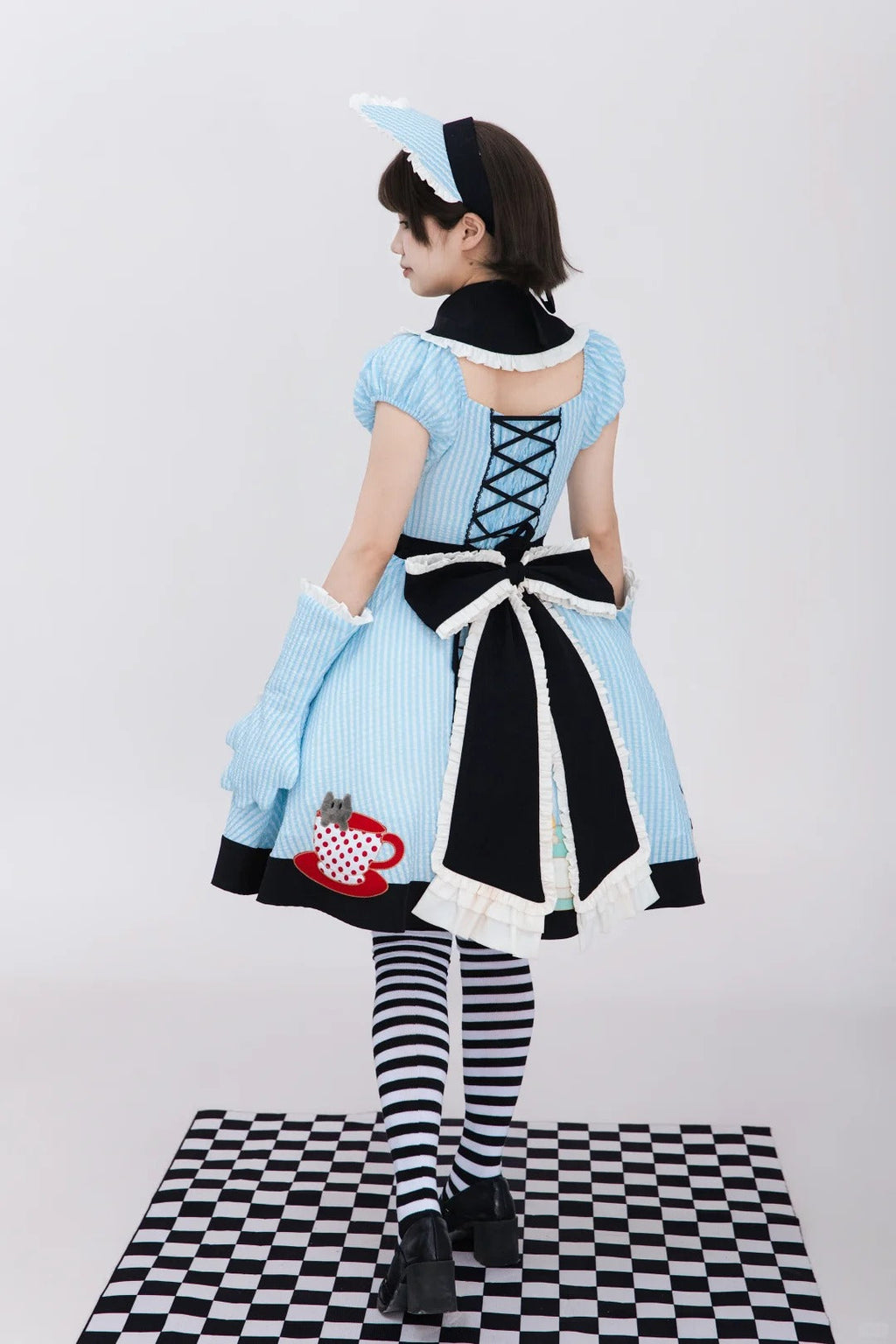 Tea Cup Meow Blue Black Cat Ear Alice Apron Sweet Lolita OP Dress - image 8