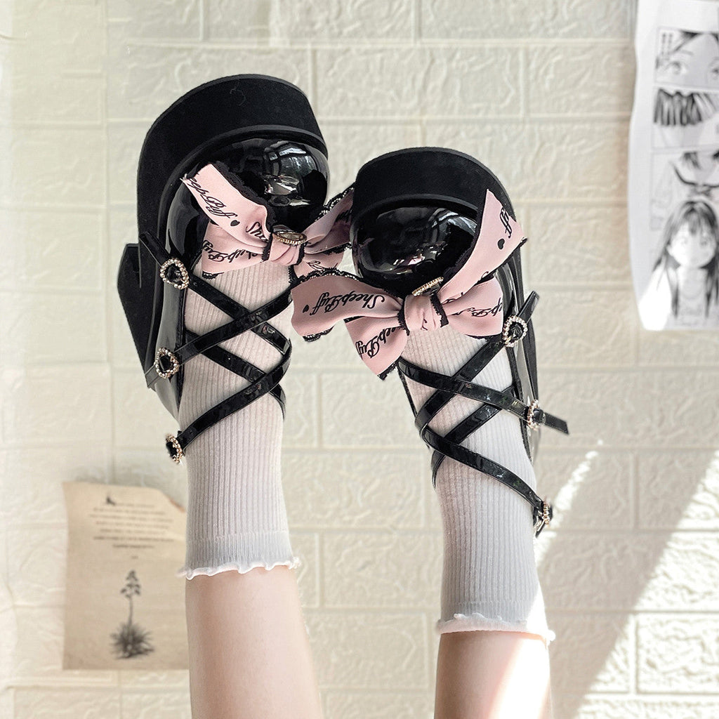 Black Pink Japanese Lolita Thick Heel Shoes - image 3