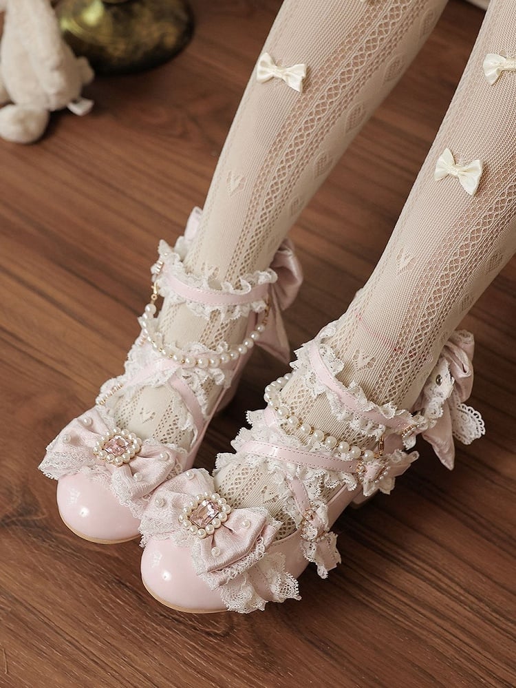 Pink Bowknot Crystal Round-Toe Lolita Shoes with Pearl Chain - image 3