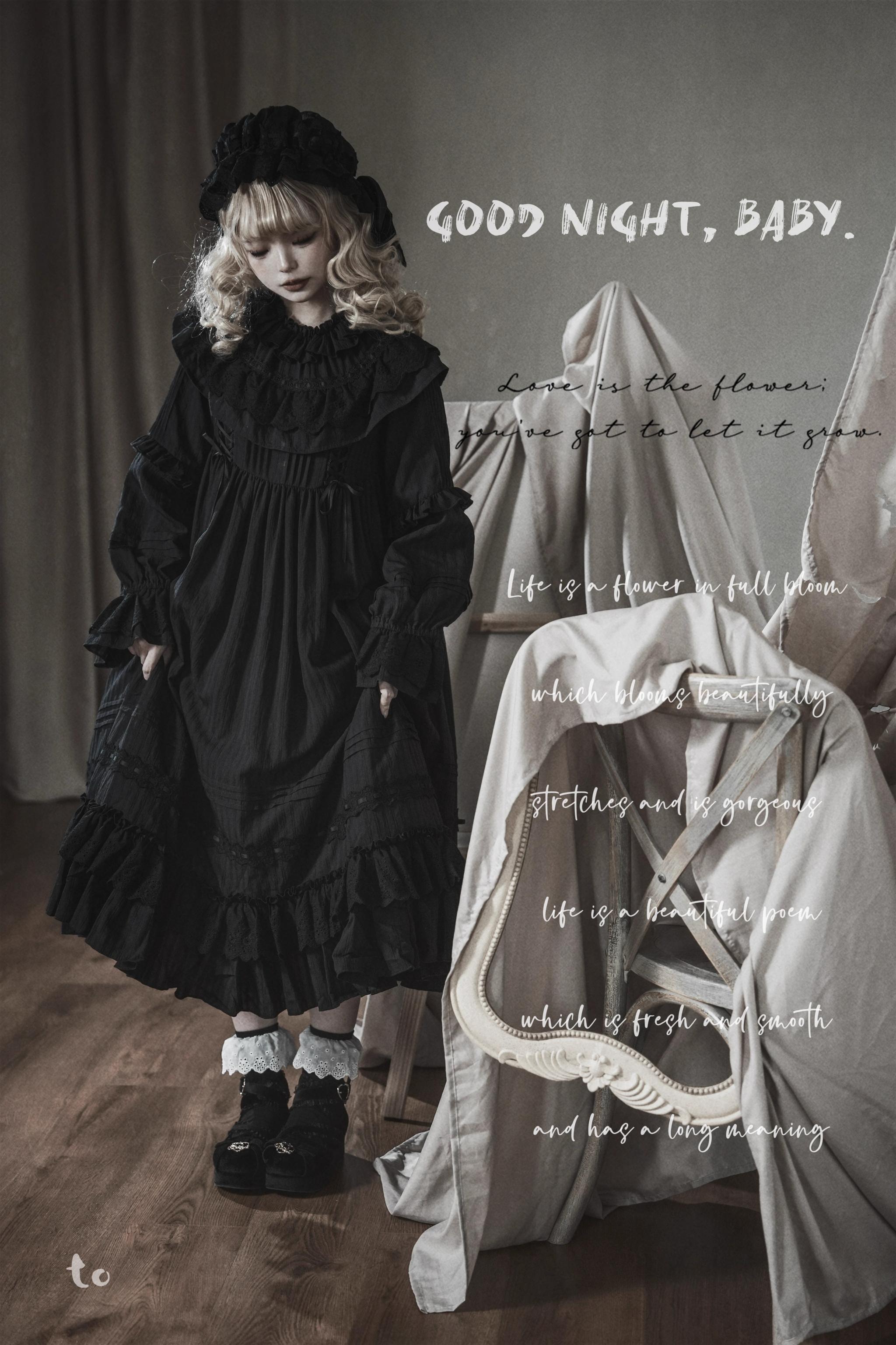 Goodnight Black Gothic Lolita OP Dress with Round Cape Collar - image 3