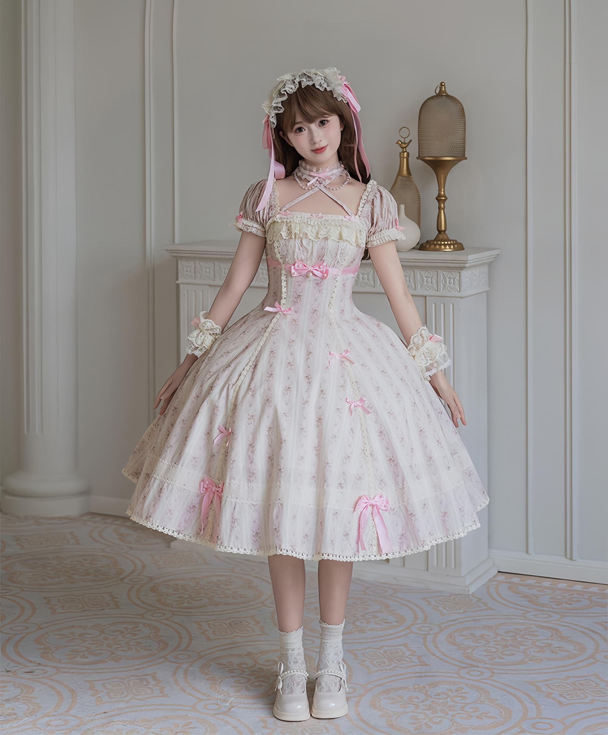 Garden Encounter of Three Springs - Cotton Old School Lolita Floral Print OP, Lace Back Opening and Accessories - image 2