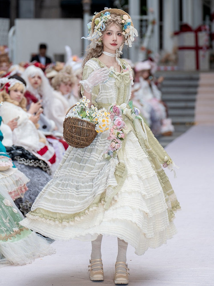 Green Layered-Ruffle Elegant Lolita Dress with Front Button Placket - image 8