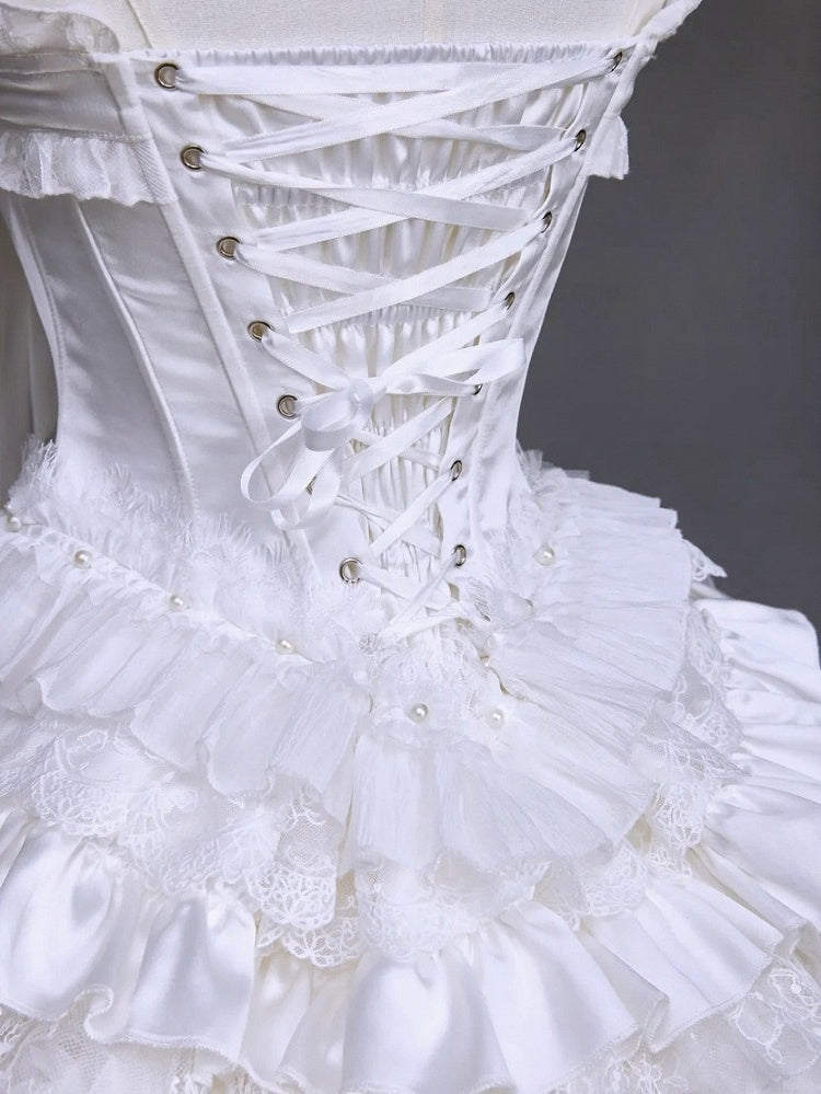 White Hime Lolita Elegant JSK Dress Cape Brooch and High-Low Overlay Set - image 9