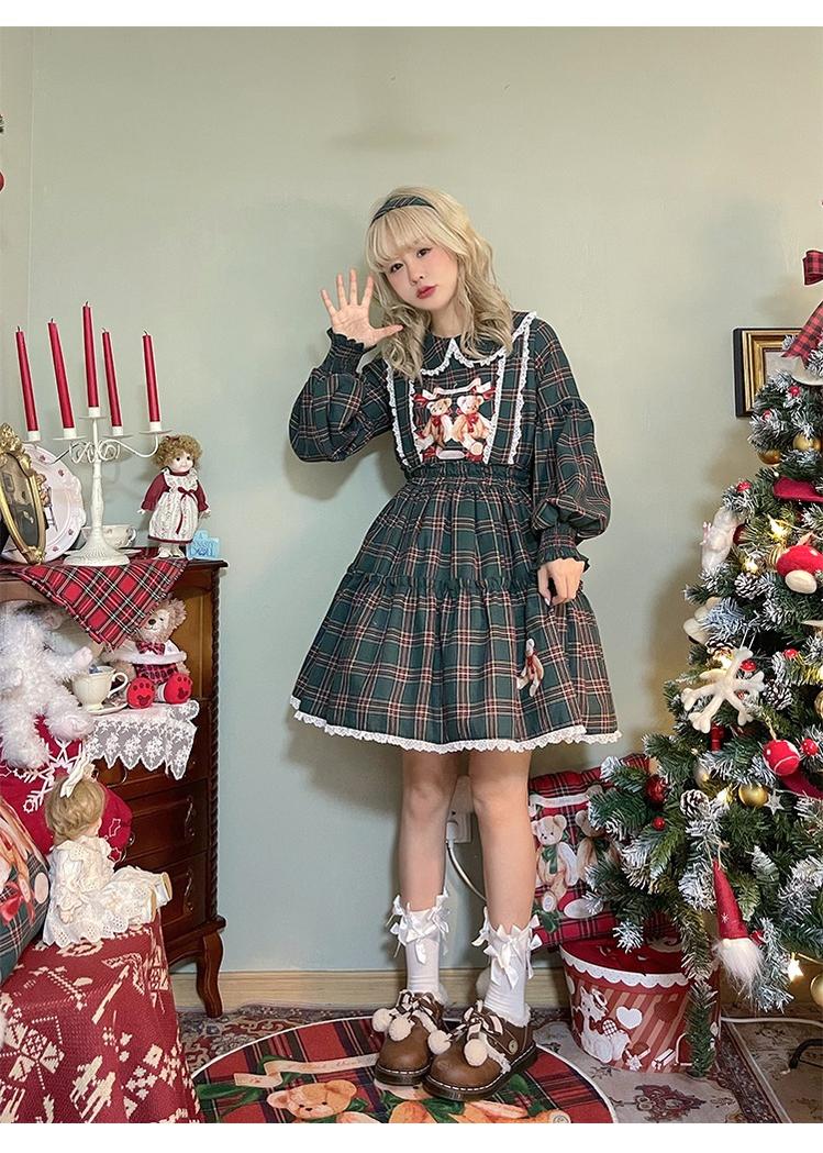 Christmas Vintage Lolita Skirts Doll Collar Blouse Plaid Skirt Set - image 19