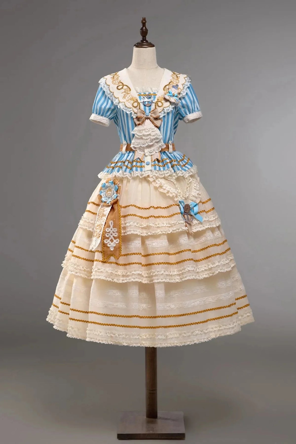 Antique Sailor Bear Blue Stripe Cropped Top Long Skirt Lolita Set - image 4