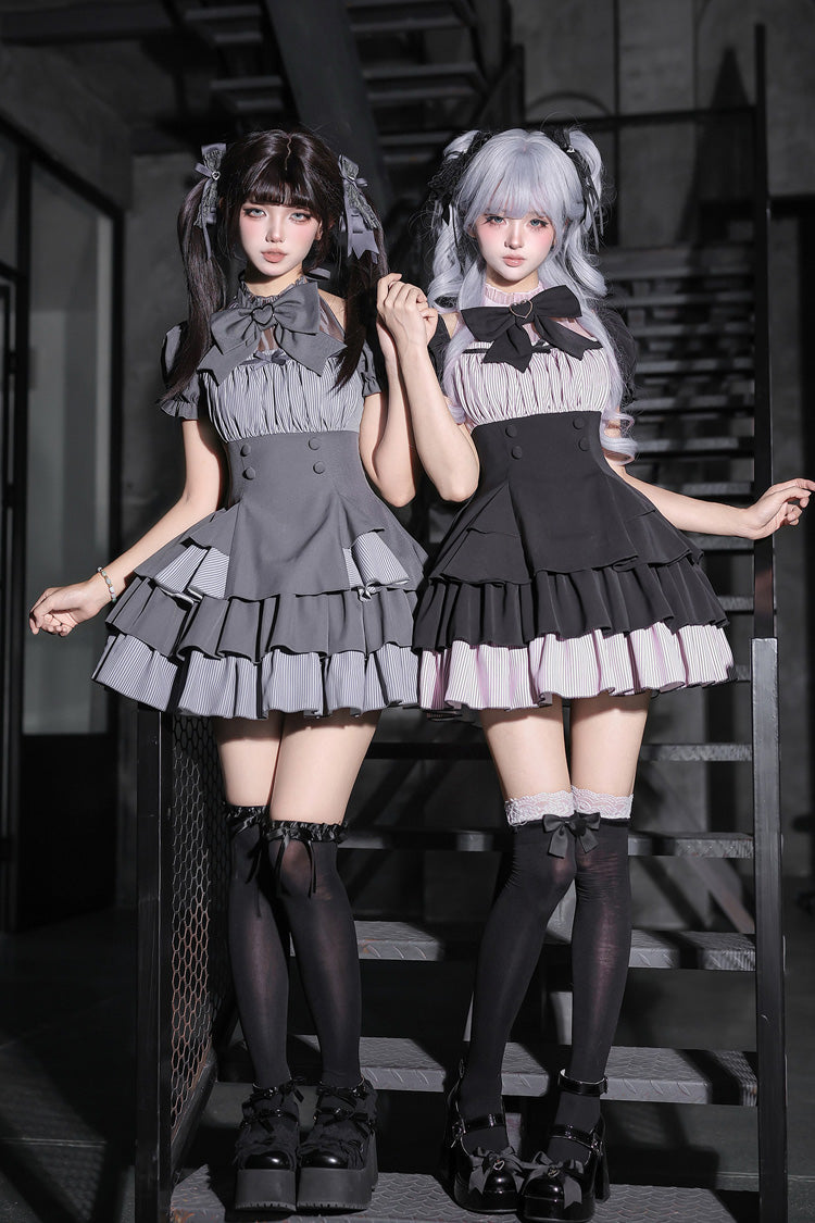 Square Collar Off Shoulder Short Sleeves Triple-Layered Bow Vintage Cool Lolita Dress - image 1