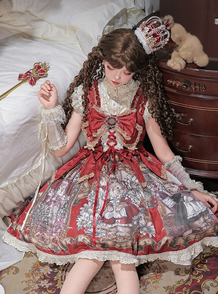 Wine and Beige Floral Lolita JSK Set with Puff-Sleeve Top and Arm Sleeves - image 1