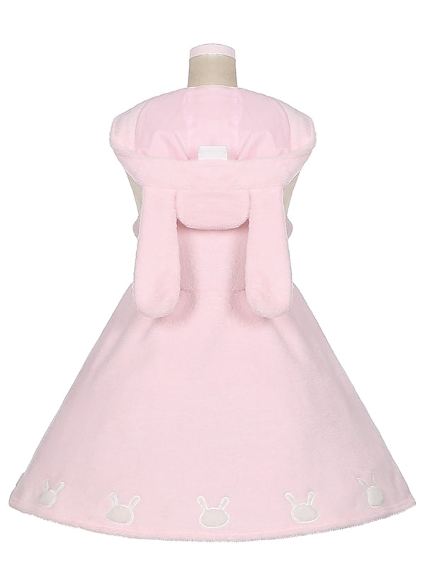 Pink Bunny Ears Hooded Plush Overalls Sweet Lolita Dress - image 3